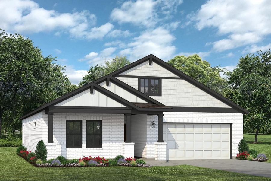 Rendering of one-story home with white siding, black accents, and white brick with driveway and landscaping