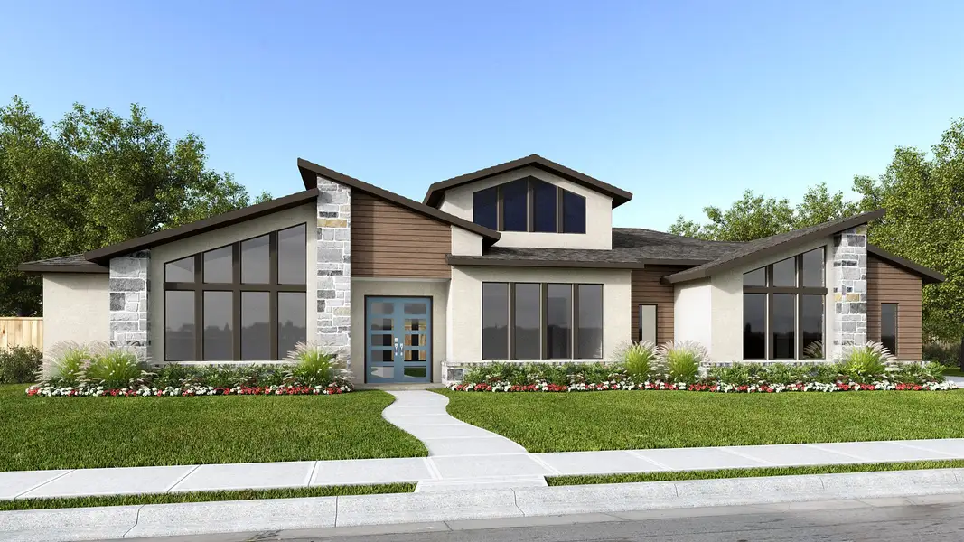 Front exterior of a new home in Thornebrook 1 Acre, Bulverde, TX, highlighting curb appeal (Image 1).