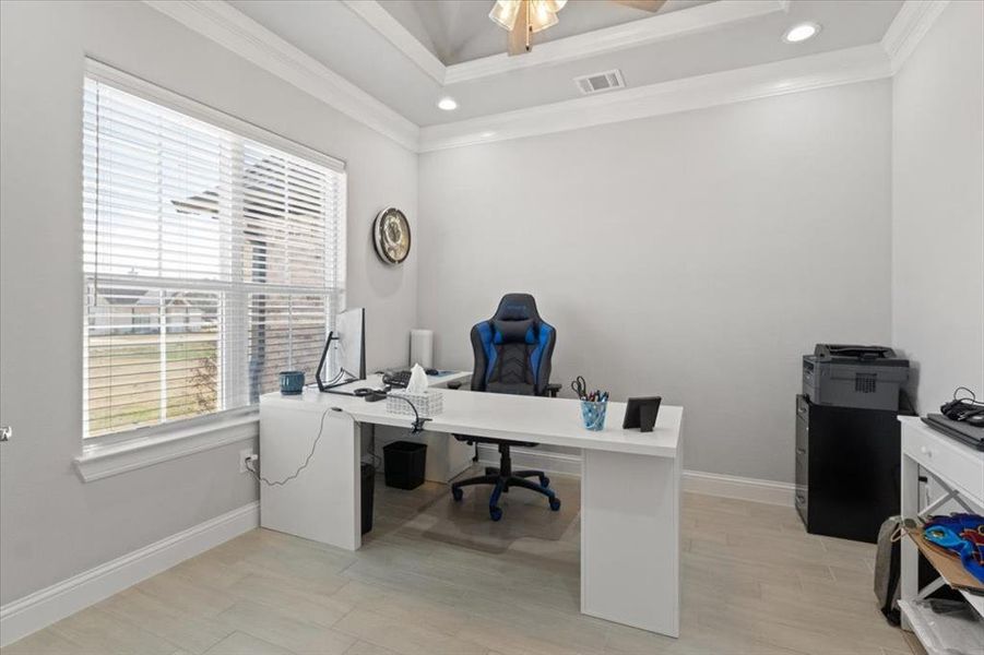 Office with a tray ceiling, visible vents, light wood-style flooring, ornamental molding, and baseboards