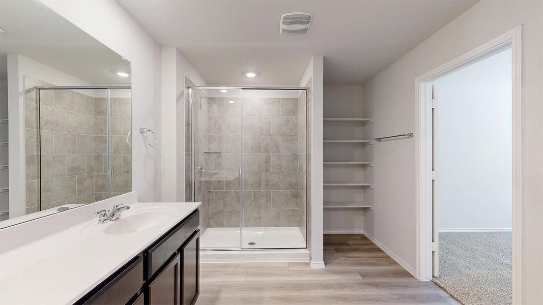 A well-appointed bathroom with a spacious walk-in shower and ample shelving.