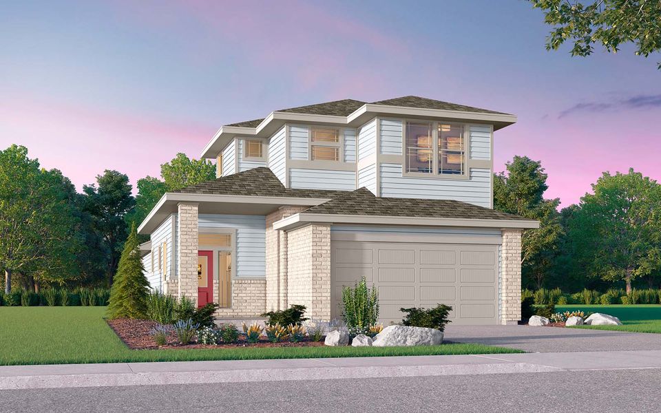 Front exterior of a new home in Easton Park, Austin, TX, highlighting curb appeal (Image 1). Front exterior of a new home in Easton Park, Austin, TX, highlighting curb appeal (Image 1).