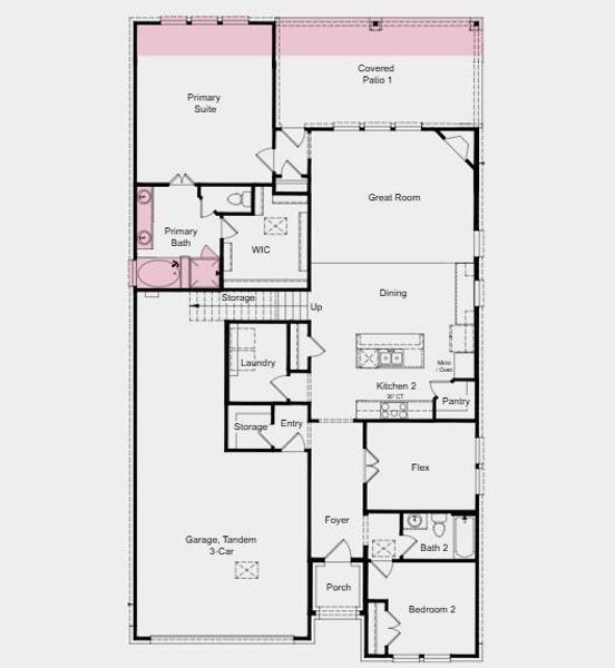 First Floor Plan - Additional Highlights Include: Media room, upstairs full bathroom, mud set shower at downstairs secondary bath, extended primary suite, extended covered patio, and slide-in tub at primary bath First Floor Plan - Additional Highlights Include: Media room, upstairs full bathroom, mud set shower at downstairs secondary bath, extended primary suite, extended covered patio, and slide-in tub at primary bath