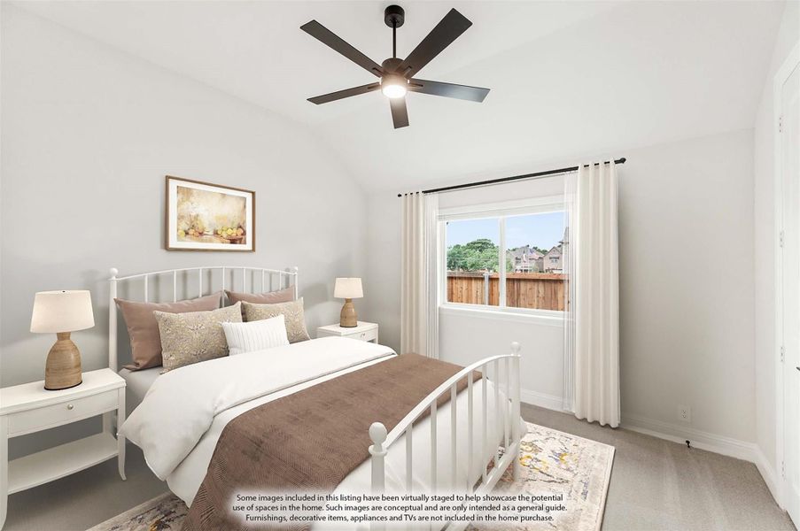 Bedroom with white metal bed frame, ceiling fan, and window with curtains