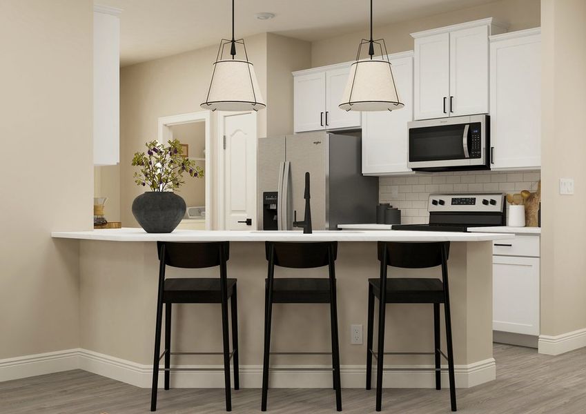 Rendering of a kitchen with stainless steel appliances and white cabinetry. The are also three barstools at the counter. Rendering of a kitchen with stainless steel appliances and white cabinetry. The are also three barstools at the counter.