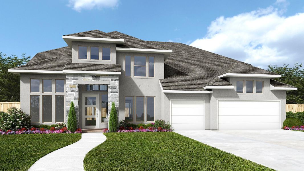 Front exterior of a new home in Lakes of Cane Island, Katy, TX, highlighting curb appeal (Image 1). Front exterior of a new home in Lakes of Cane Island, Katy, TX, highlighting curb appeal (Image 1).
