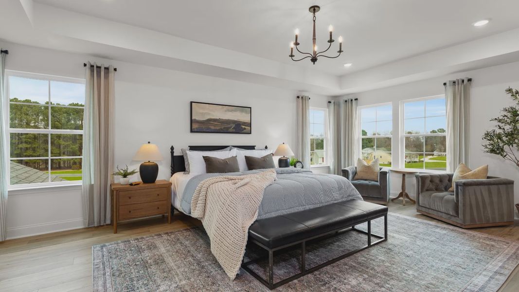 Stonefield home plan large primary suite with sitting room, walk-in closet and en suite bathroom Stonefield home plan large primary suite with sitting room, walk-in closet and en suite bathroom