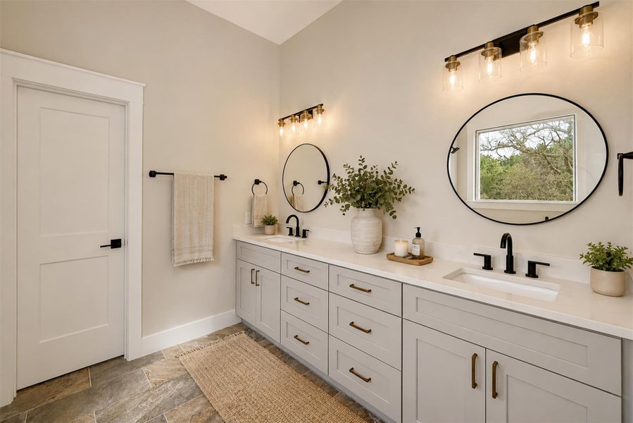 Double vanities with clean lines and stone counters highlight this elegant, modern washroom.Virtual Staging. Double vanities with clean lines and stone counters highlight this elegant, modern washroom.Virtual Staging.