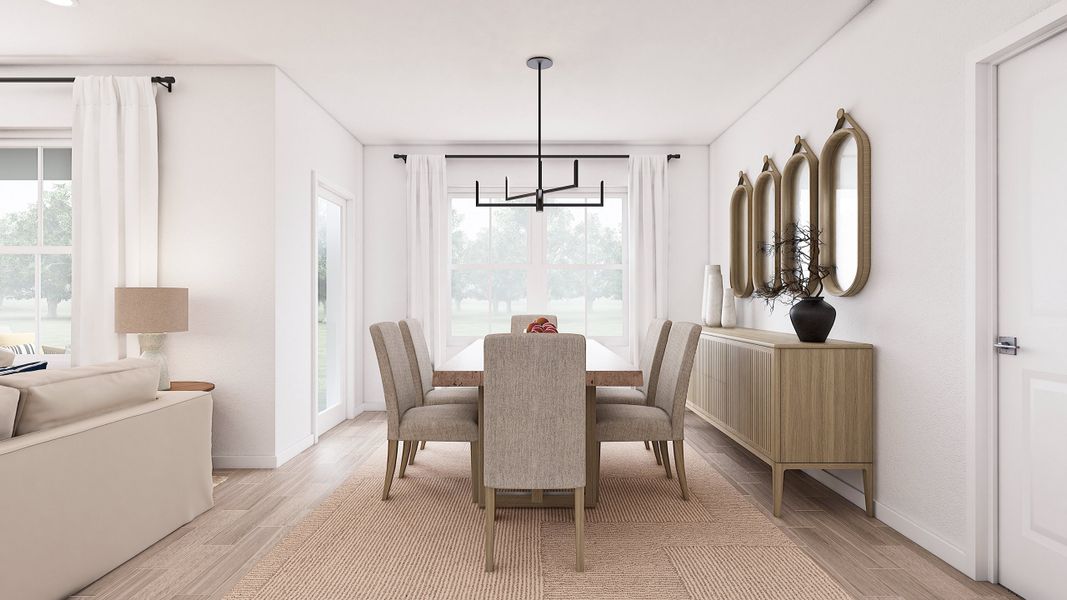 Dining area with decorative chandelier
