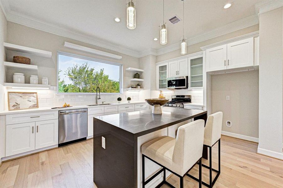 Gorgeous Kitchen with large island, featuring stainless steel appliances and quartz countertops.