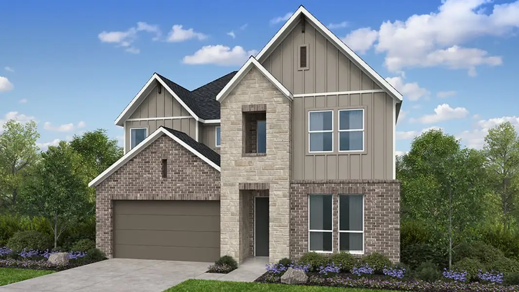 Representative exterior photo of a completed home built from the Riley by Taylor Morrison in Blue Creek Trails, Richmond, TX (Image 1). Representative exterior photo of a completed home built from the Riley by Taylor Morrison in Blue Creek Trails, Richmond, TX (Image 1).