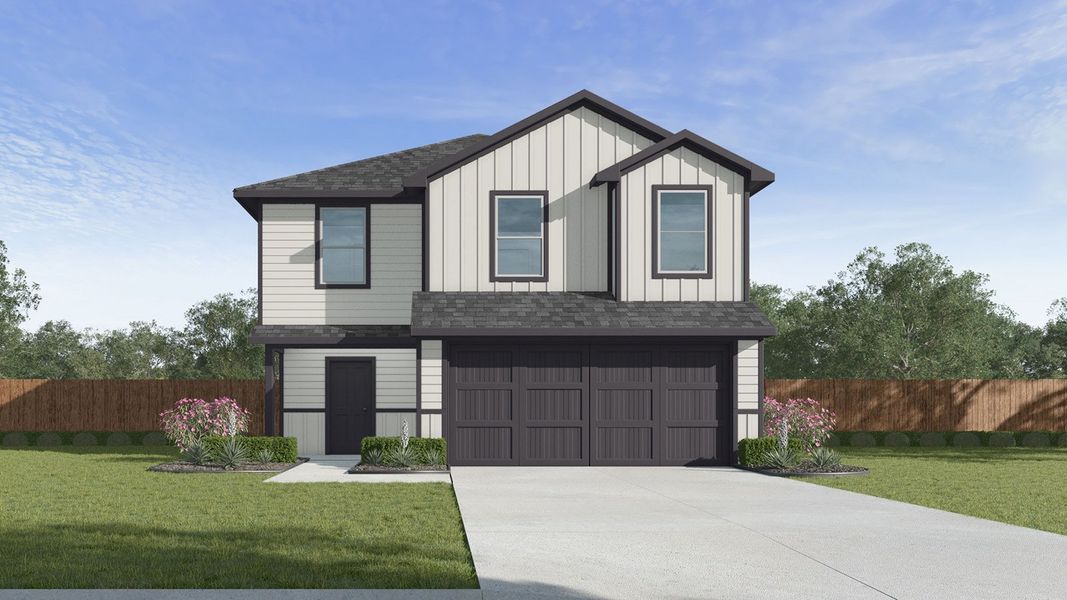 Front exterior of a new home in Wilkins Valley, Brenham, TX, highlighting curb appeal (Image 1).