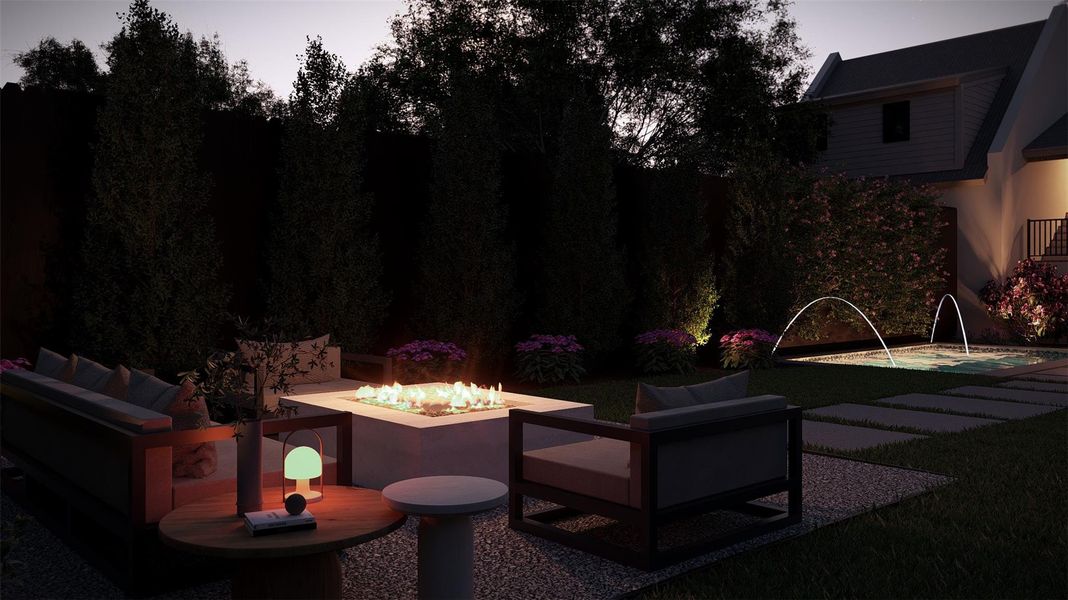 View of patio with an outdoor living space with a fire pit