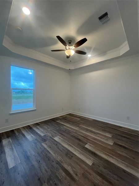 This room features a modern design with a tray ceiling, recessed lighting, and a ceiling fan. It has a large window for natural light and medium gray/wood water proof plank flooring, creating a warm and inviting atmosphere.