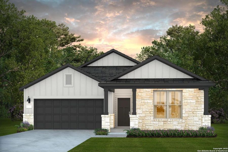 Front exterior of a new home in Dove Song, Marion, TX, highlighting curb appeal (Image 1).