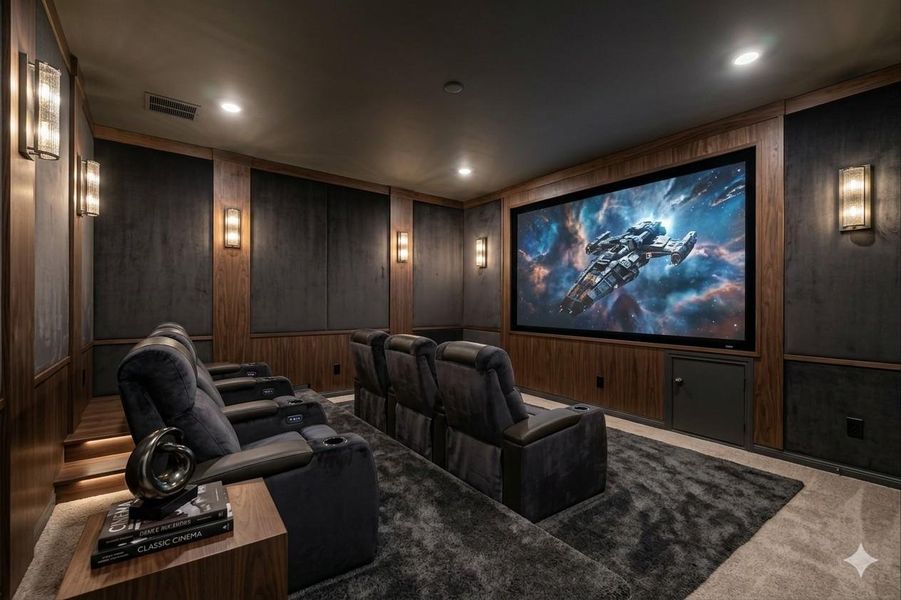 Virtual staging - home theater featuring an expansive screen, integrated wall paneling with wood-finish trim, sconce lighting, plush seating, and tiered flooring