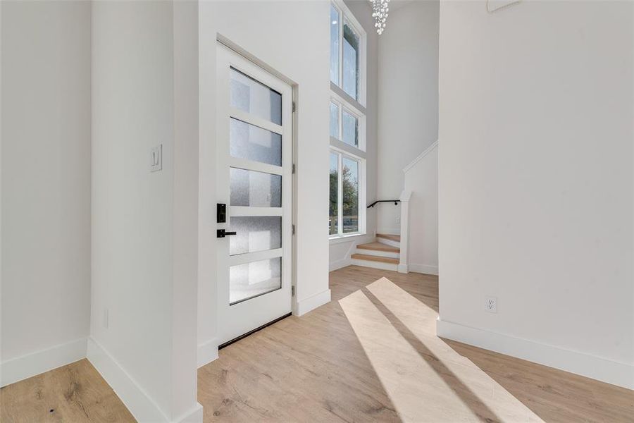 Entryway featuring a high ceiling and light wood-type flooring