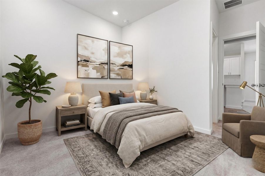 This secondary bedroom offers soft carpet, tall ceilings, recessed lighting, and a simple neutral design that can easily work as a guest room, office, nursery, or flex space. The nearby doorway provides convenient access back toward the main living areas and kitchen. This photo has been virtually staged for visual reference. This secondary bedroom offers soft carpet, tall ceilings, recessed lighting, and a simple neutral design that can easily work as a guest room, office, nursery, or flex space. The nearby doorway provides convenient access back toward the main living areas and kitchen. This photo has been virtually staged for visual reference.
