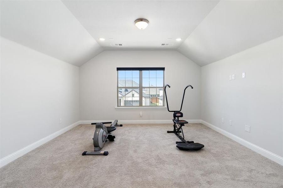 Workout room featuring lofted ceiling and light colored carpet