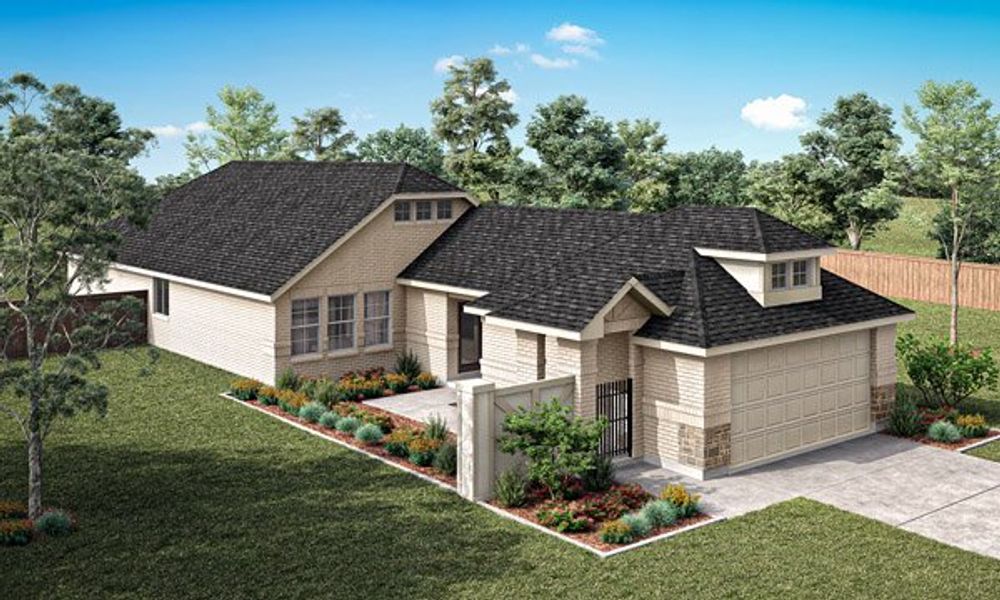 Front exterior of a new home in The Reserve at Spiritas Ranch, Little Elm, TX, highlighting curb appeal (Image 1). Front exterior of a new home in The Reserve at Spiritas Ranch, Little Elm, TX, highlighting curb appeal (Image 1).