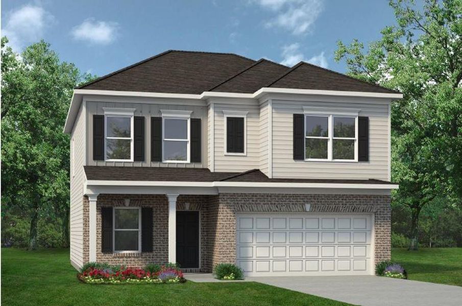 Front exterior of a new home in Evergreen at Lakeside, Temple, GA, highlighting curb appeal (Image 1). Front exterior of a new home in Evergreen at Lakeside, Temple, GA, highlighting curb appeal (Image 1).