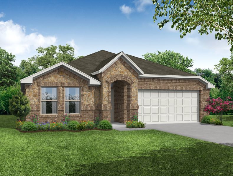 Representative exterior photo of a completed home built from the Atlanta by Impression Homes in Keeneland, Aubrey, TX (Image 11). Representative exterior photo of a completed home built from the Atlanta by Impression Homes in Keeneland, Aubrey, TX (Image 11).