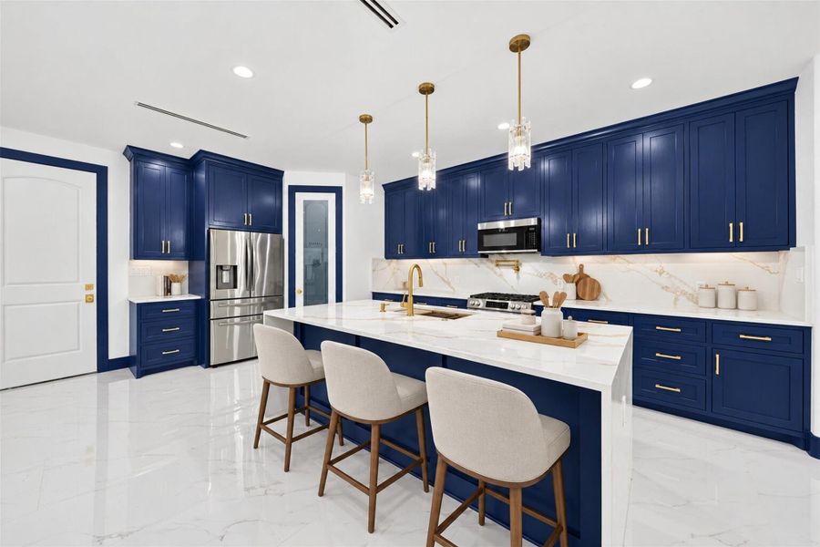 Virtually staged kitchen showing the island as a natural gathering and dining space