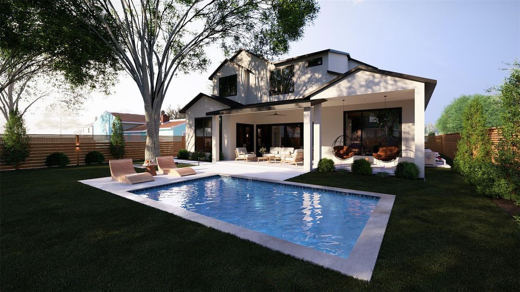 Lush landscaping and a shimmering pool define this private backyard oasis, perfect for relaxation and entertaining.
