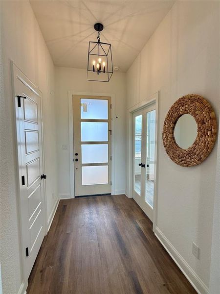 Foyer featuring wood-finish flooring, a modern black geometric chandelier, white trim, and a frosted panel entry door