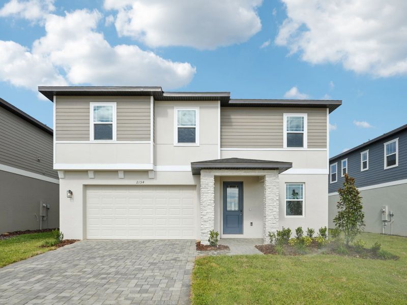 Front exterior of a new home in Cyrene at Minneola, Minneola, FL, highlighting curb appeal (Image 1). Front exterior of a new home in Cyrene at Minneola, Minneola, FL, highlighting curb appeal (Image 1).