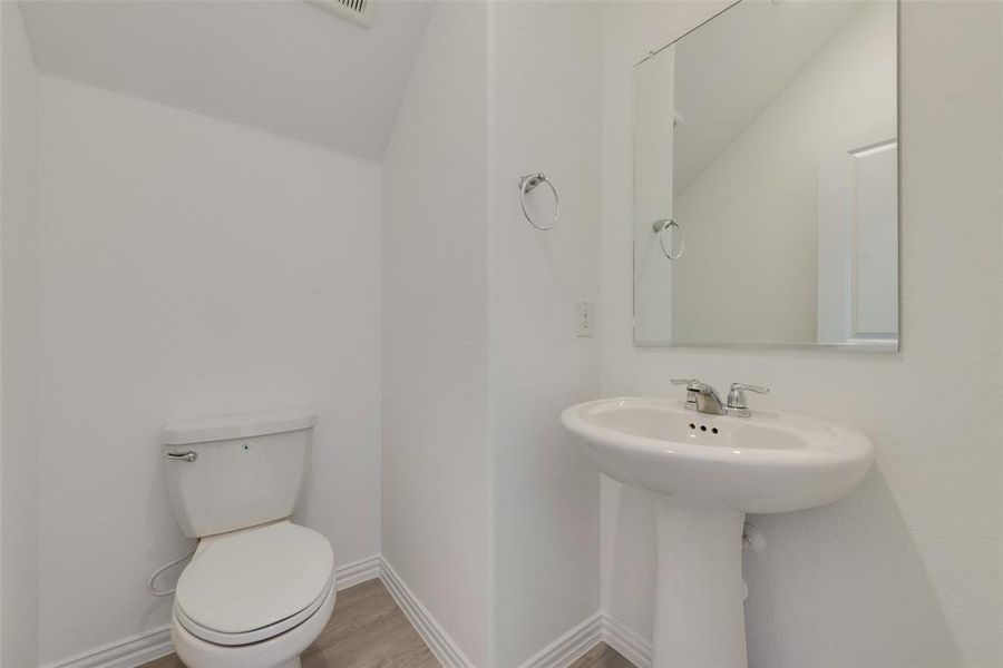 Bathroom with hardwood / wood-style flooring, toilet, lofted ceiling, and sink