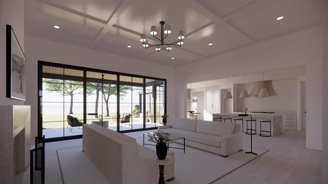 Living room with recessed lighting, coffered ceiling, a towering ceiling, light wood finished floors, and an inviting chandelier