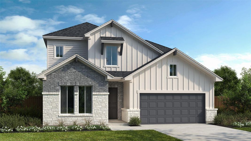 Front exterior of a new home in The Colony, Bastrop, TX, highlighting curb appeal (Image 1). Front exterior of a new home in The Colony, Bastrop, TX, highlighting curb appeal (Image 1).