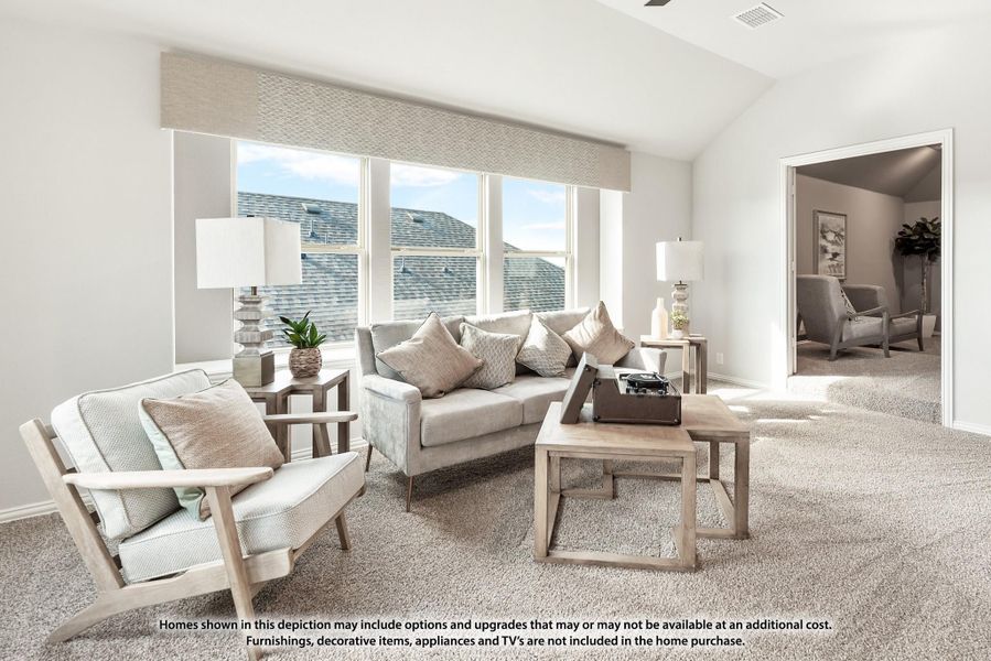 Bright living room with neutral sofa, wood accent chairs, carpet flooring, and large windows with natural light. Bright living room with neutral sofa, wood accent chairs, carpet flooring, and large windows with natural light.