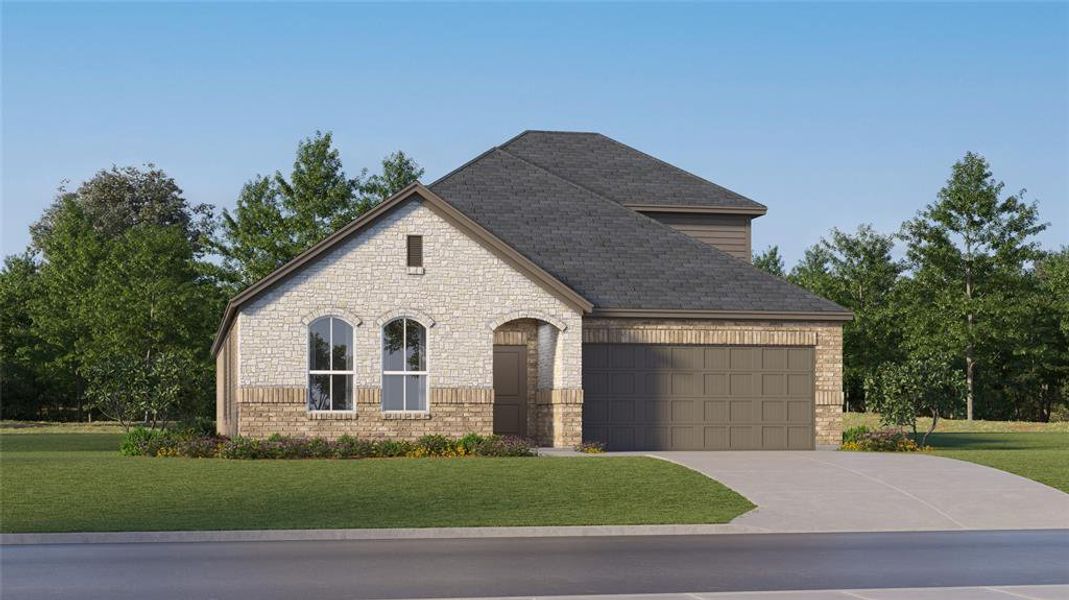 View of front of property featuring a garage and a front yard