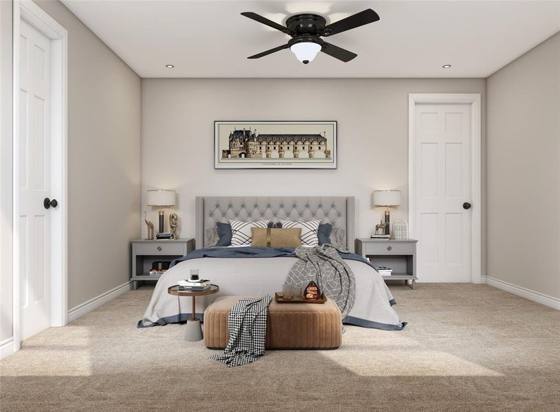 2nd bedroom. Great guest room with a ceiling fan and plush carpeting. This big bedroom can comfortably fit a king-size bed. Example photo, virtually staged