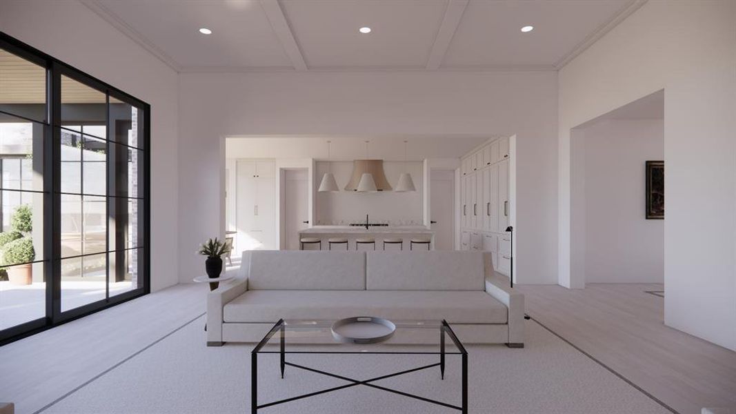 Living room featuring light carpet, ornamental molding, beamed ceiling, and recessed lighting