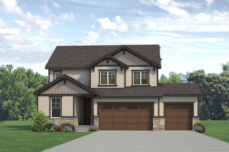 Representative exterior photo of a completed home built from the Jansen by Risewell Homes in Highlands Preserve, Mead, CO (Image 19).