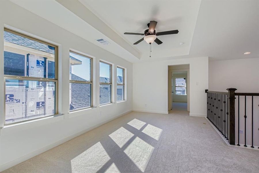 Spare room featuring a raised ceiling, light colored carpet, and ceiling fan