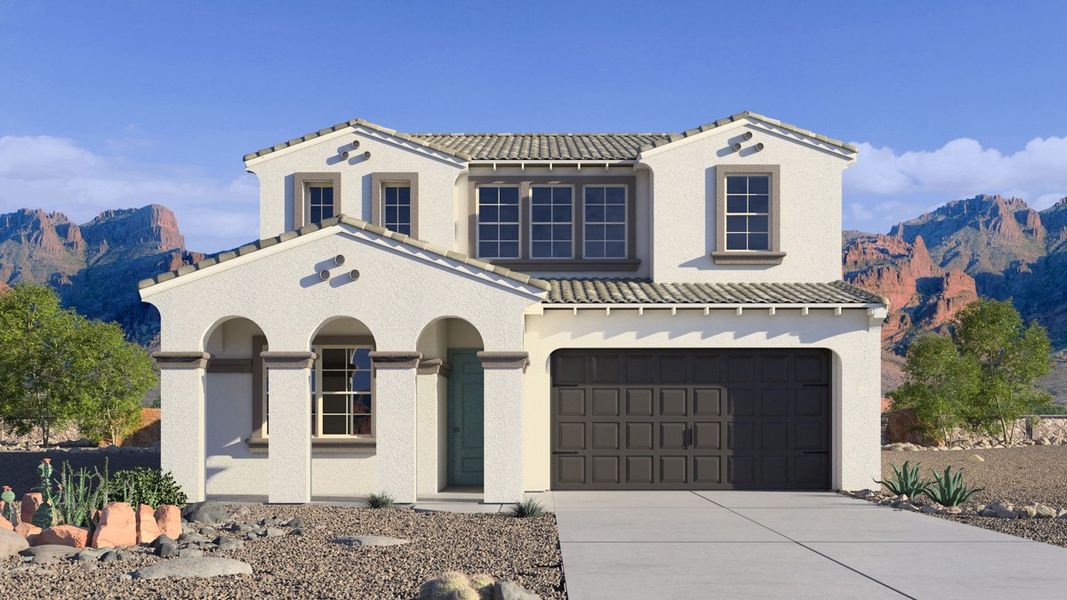 Front exterior of a new home in Aloravita, Peoria, AZ, highlighting curb appeal (Image 1). Front exterior of a new home in Aloravita, Peoria, AZ, highlighting curb appeal (Image 1).