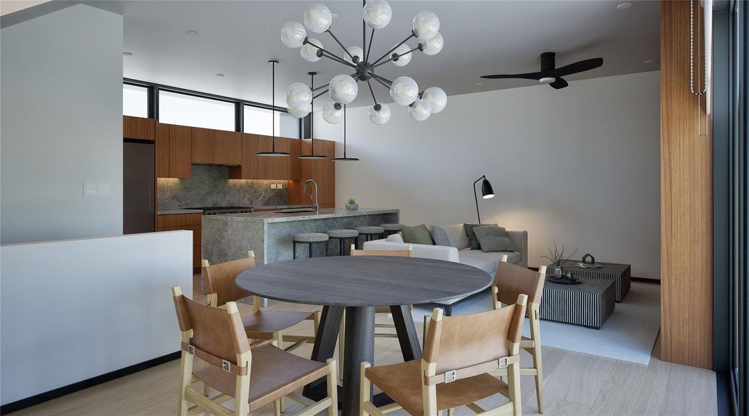 Dining area with a chandelier Dining area with a chandelier