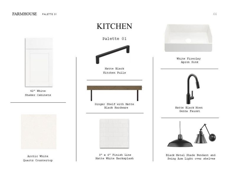 Farmhouse Look Palette 1: Kitchen Selection Sheet (*Artist rendering used for illustration purposes only.) Farmhouse Look Palette 1: Kitchen Selection Sheet (*Artist rendering used for illustration purposes only.)