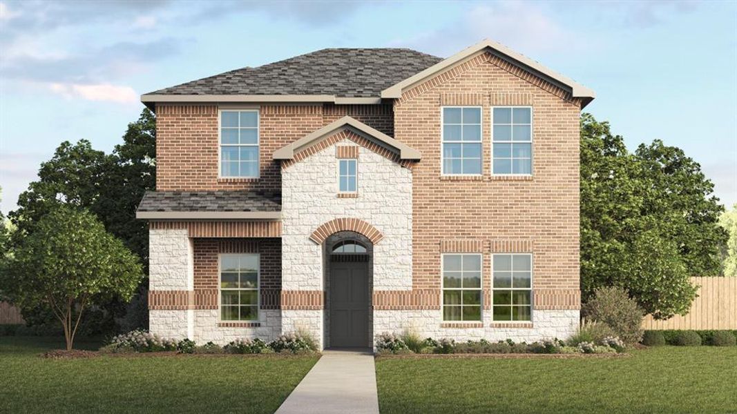 Traditional-style house featuring stone siding, a shingled roof, brick siding, and a front yard