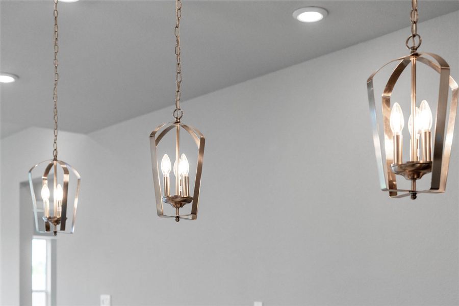 Kitchen pendants - Gather Brushed Nickel diligently hangs over the kitchen quartz island.