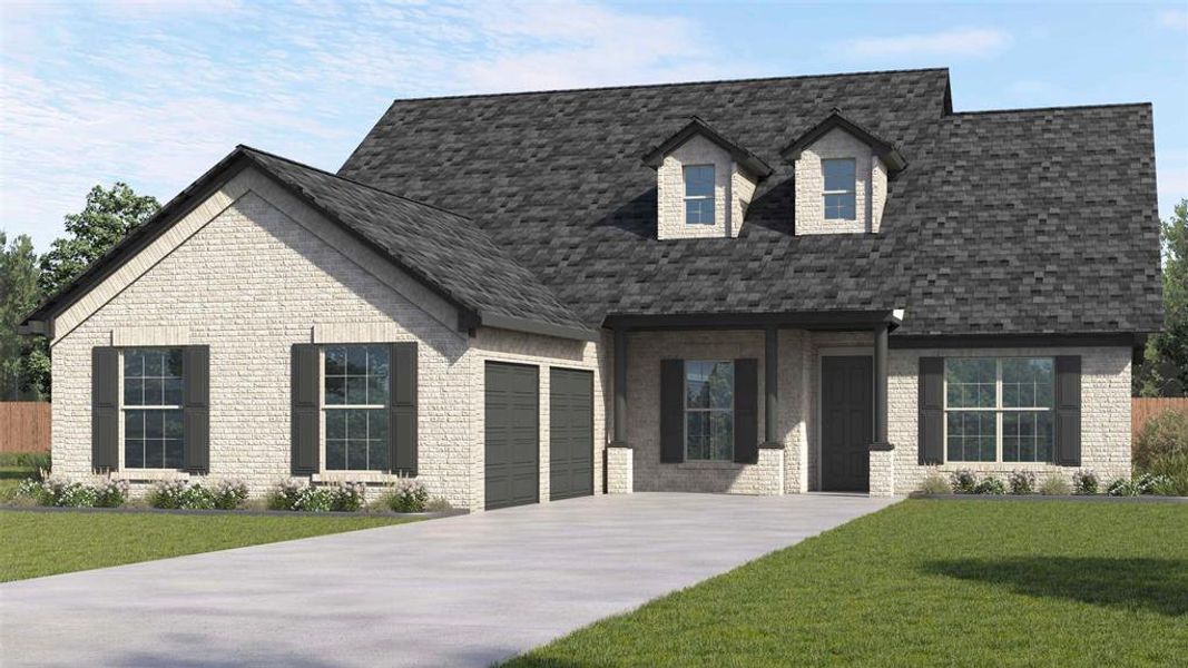 Stone veneer exterior featuring a two-car garage, covered porch entry, and dormer windows Stone veneer exterior featuring a two-car garage, covered porch entry, and dormer windows