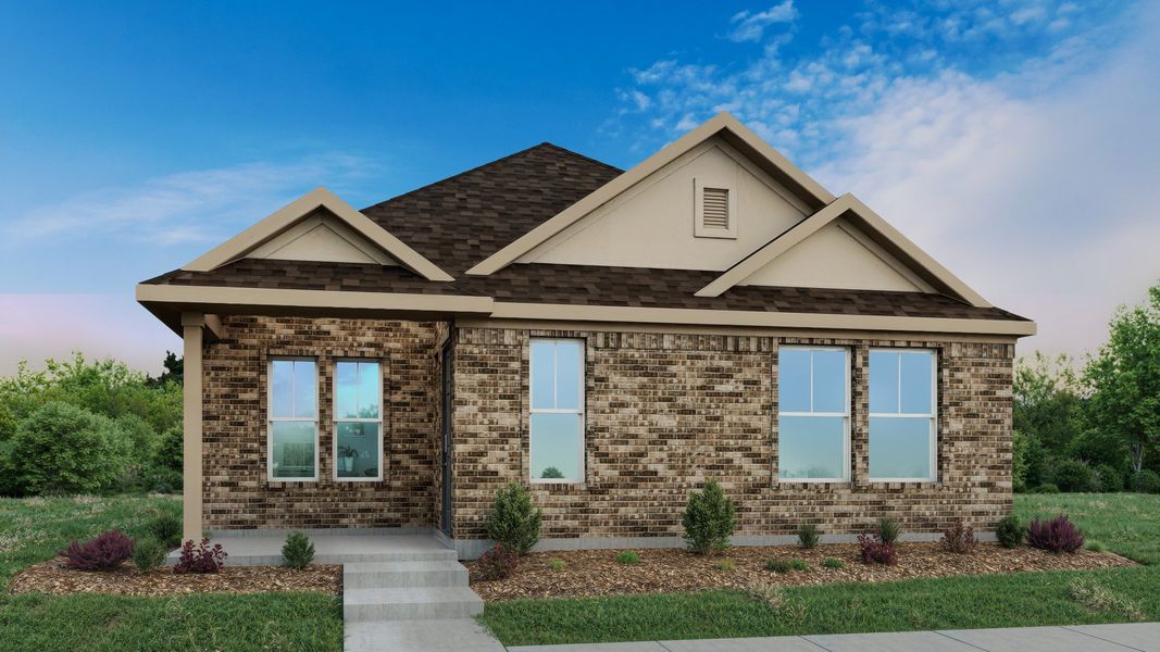 Representative exterior photo of a completed home built from the Austen by DRB Homes in Creeks Crossing, Elgin, TX (Image 5). Representative exterior photo of a completed home built from the Austen by DRB Homes in Creeks Crossing, Elgin, TX (Image 5).