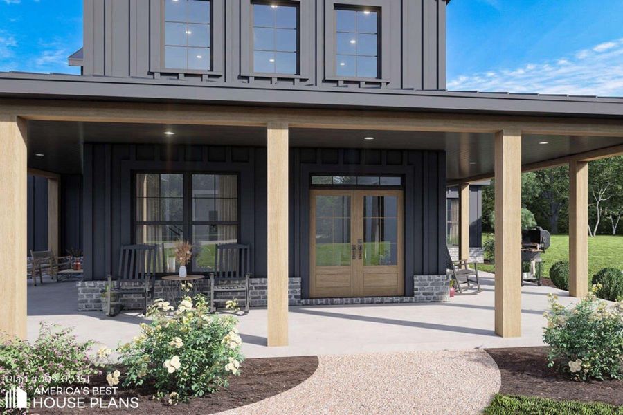 Entrance to property with board and batten siding, french doors, and a porch