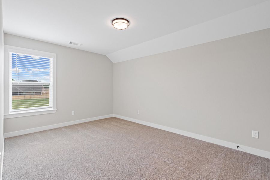 Carpeted room featuring a single window with blinds, light gray wall paint, white baseboards, and a flush-mount ceiling light fixture Carpeted room featuring a single window with blinds, light gray wall paint, white baseboards, and a flush-mount ceiling light fixture