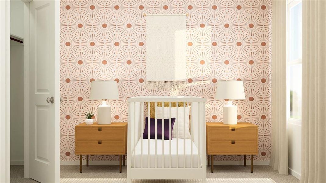 Carpeted bedroom featuring a crib