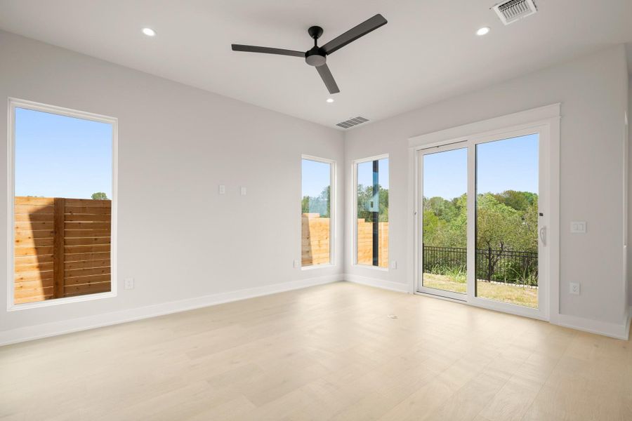 Unfurnished room featuring recessed lighting, ceiling fan, and light wood-style floors Unfurnished room featuring recessed lighting, ceiling fan, and light wood-style floors