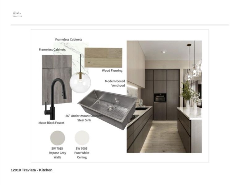 A modern, European-style kitchen boasting frameless slab cabinetry, quartz countertops, waterfall-edge island, and full-height backsplash. Equipped with a large undermount sink, sleek designer lighting, and minimalist hardware. Thoughtfully planned for form and function.